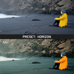 Two of the same photo of a person in a yellow coat on a black sand beach. In beween the photos is a grey bar that says "Preset: Horizon." The bottom photo is labeled "After" and the lighting is brighter and it is slightly zoomed out compared to the top photo - by Iz & Johnny Harris