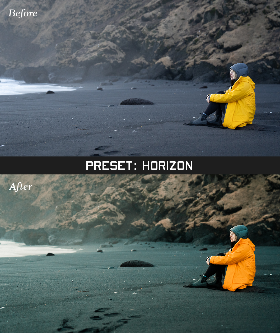 Two of the same photo of a person in a yellow coat on a black sand beach. In beween the photos is a grey bar that says "Preset: Horizon." The bottom photo is labeled "After" and the lighting is brighter and it is slightly zoomed out compared to the top photo - by Iz & Johnny Harris