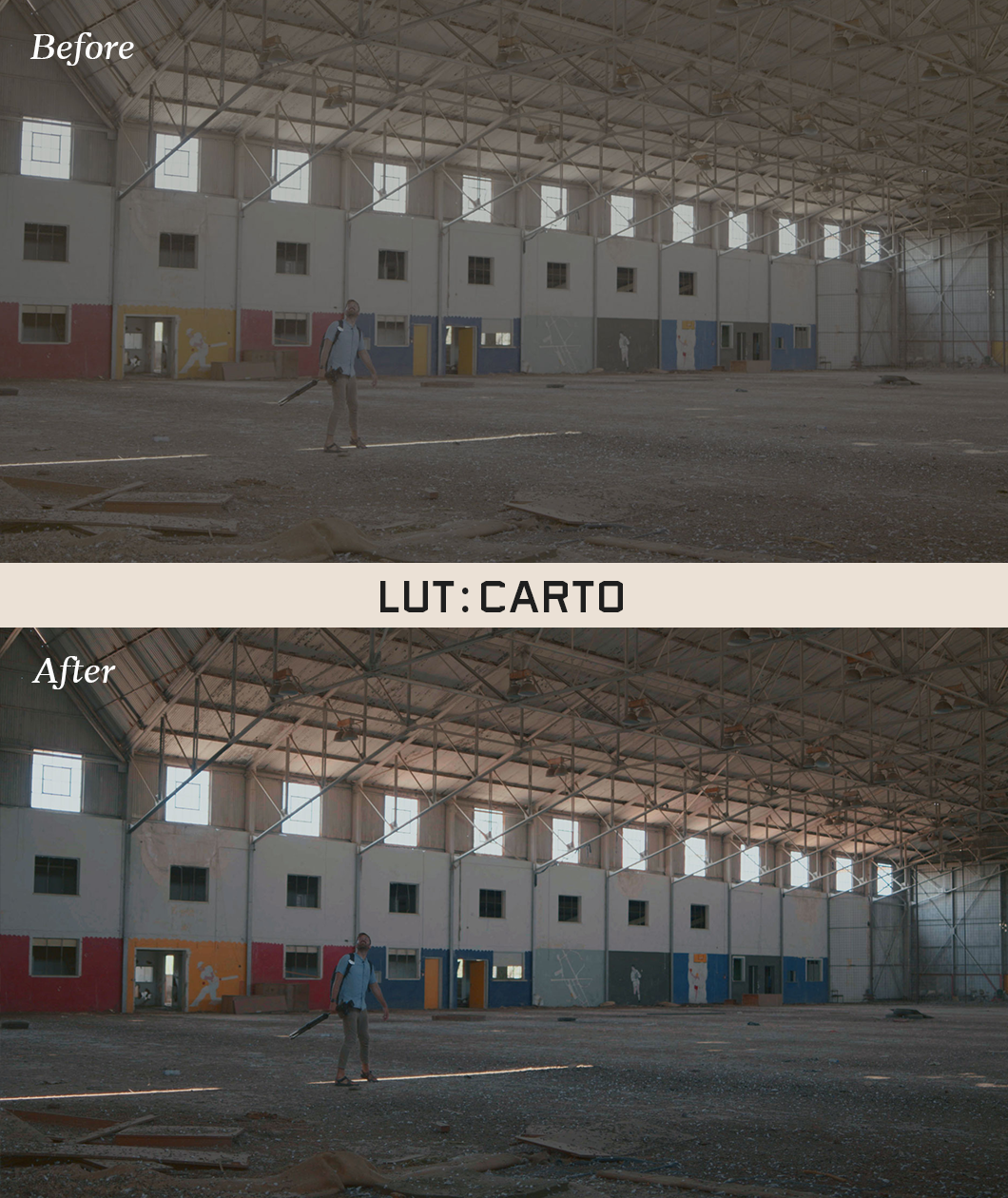 2 of the same photo of a person in a large partially-constructed building. In between the photos is a white bar that says "LUT: Carto". The bottom "after" photo has brighter lighting than the top photo. By Iz & Johnny Harris.
