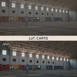 2 of the same photo of a person in a large partially-constructed building. In between the photos is a white bar that says "LUT: Carto". The bottom "after" photo has brighter lighting than the top photo. By Iz & Johnny Harris.