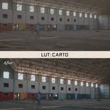 2 of the same photo of a person in a large partially-constructed building. In between the photos is a white bar that says "LUT: Carto". The bottom "after" photo has brighter lighting than the top photo. By Iz & Johnny Harris.