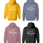 Four of the same hoodie in yellow, heather blue, heather maroon, and black. The back of the hoodie says "Internet Killed Television" - by Charles Trippy