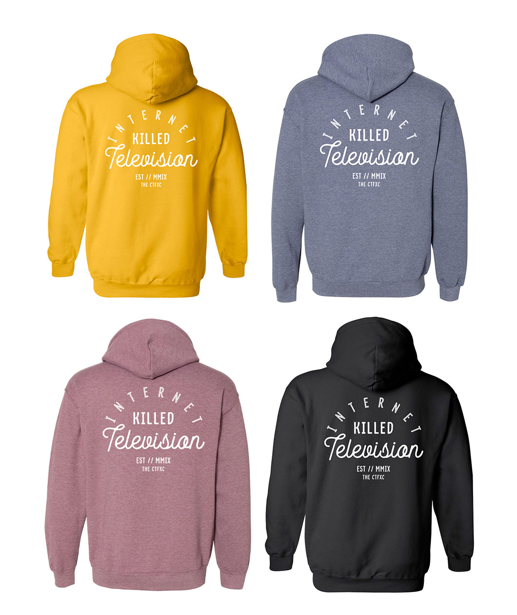 Four of the same hoodie in yellow, heather blue, heather maroon, and black. The back of the hoodie says 