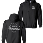 Two sides of a black hoodie with white writing. The front says "Internet killed television" in a small square on the right side of the chest. The same phrase appears across the whole back of the hoodie with "EST // MMIX The CTFXC" centered underneath it in a smaller font - by Charles Trippy