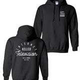 Two sides of a black hoodie with white writing. The front says "Internet killed television" in a small square on the right side of the chest. The same phrase appears across the whole back of the hoodie with "EST // MMIX The CTFXC" centered underneath it in a smaller font - by Charles Trippy