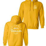 Two sides of a yellow hoodie with white writing. The front says "Internet killed television" in a small square on the right side of the chest. The same phrase appears across the whole back of the hoodie with "EST // MMIX The CTFXC" centered underneath it in a smaller font - by Charles Trippy