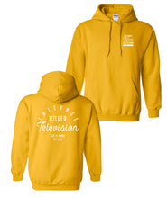 Two sides of a yellow hoodie with white writing. The front says "Internet killed television" in a small square on the right side of the chest. The same phrase appears across the whole back of the hoodie with "EST // MMIX The CTFXC" centered underneath it in a smaller font - by Charles Trippy