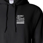 Close-up on the front right side of a black hoodie with the white writing "Internet Killed Television EST MAY MMIX / CTFXC" - by Charles Trippy