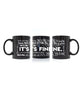 A black mug with “it’s fine” in white varying fonts, weights, and positions - from Lindsay Ellis