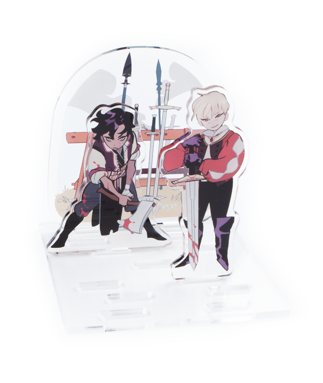 A standee of two people holding knife weapons with blood on them. 