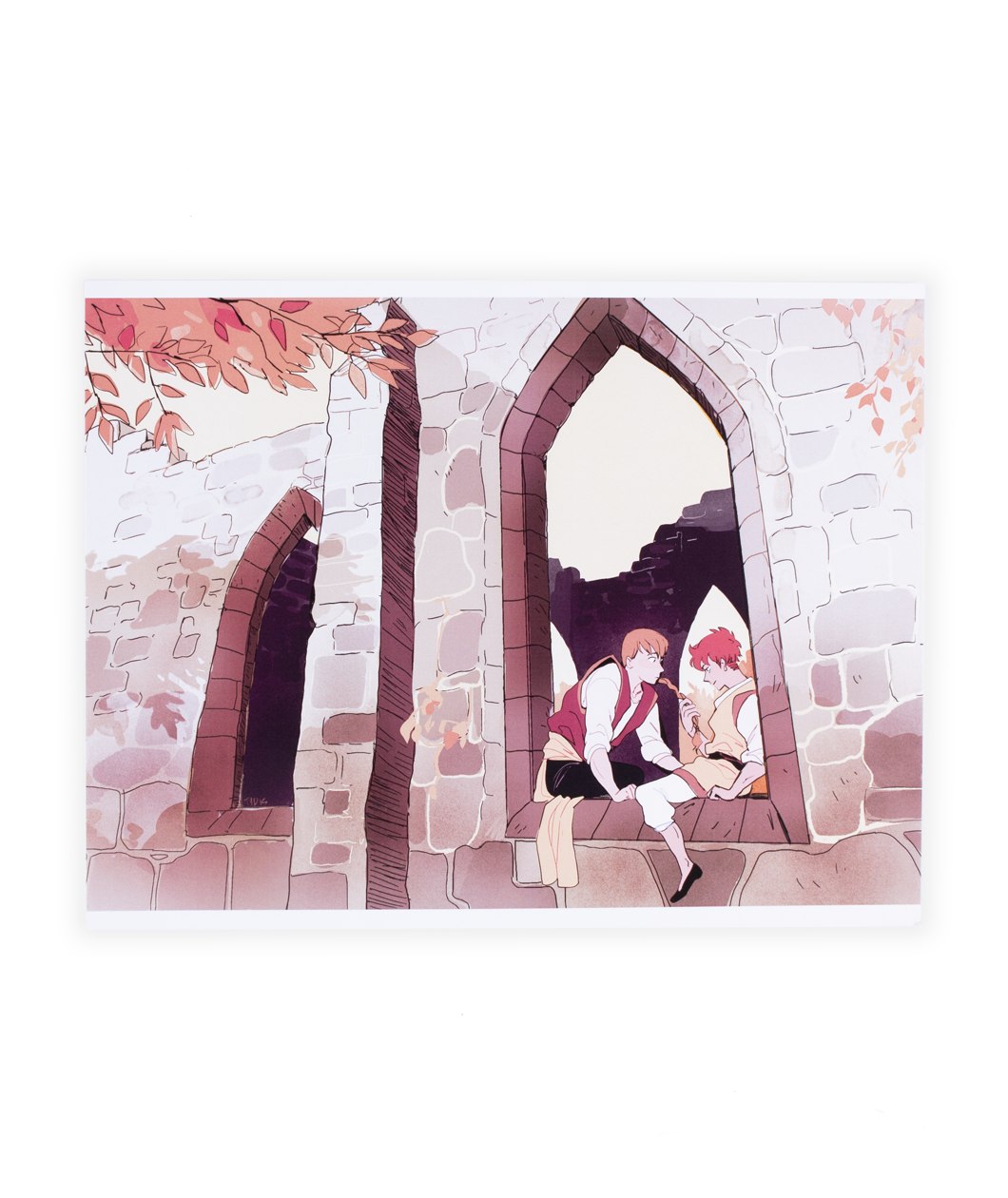 A scene of two people talking in an archway of brick building during fall. 