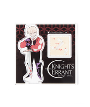 A standee of a person holding a sword with the tip to the ground with blood on it on a backing that says "Knights Errant". 