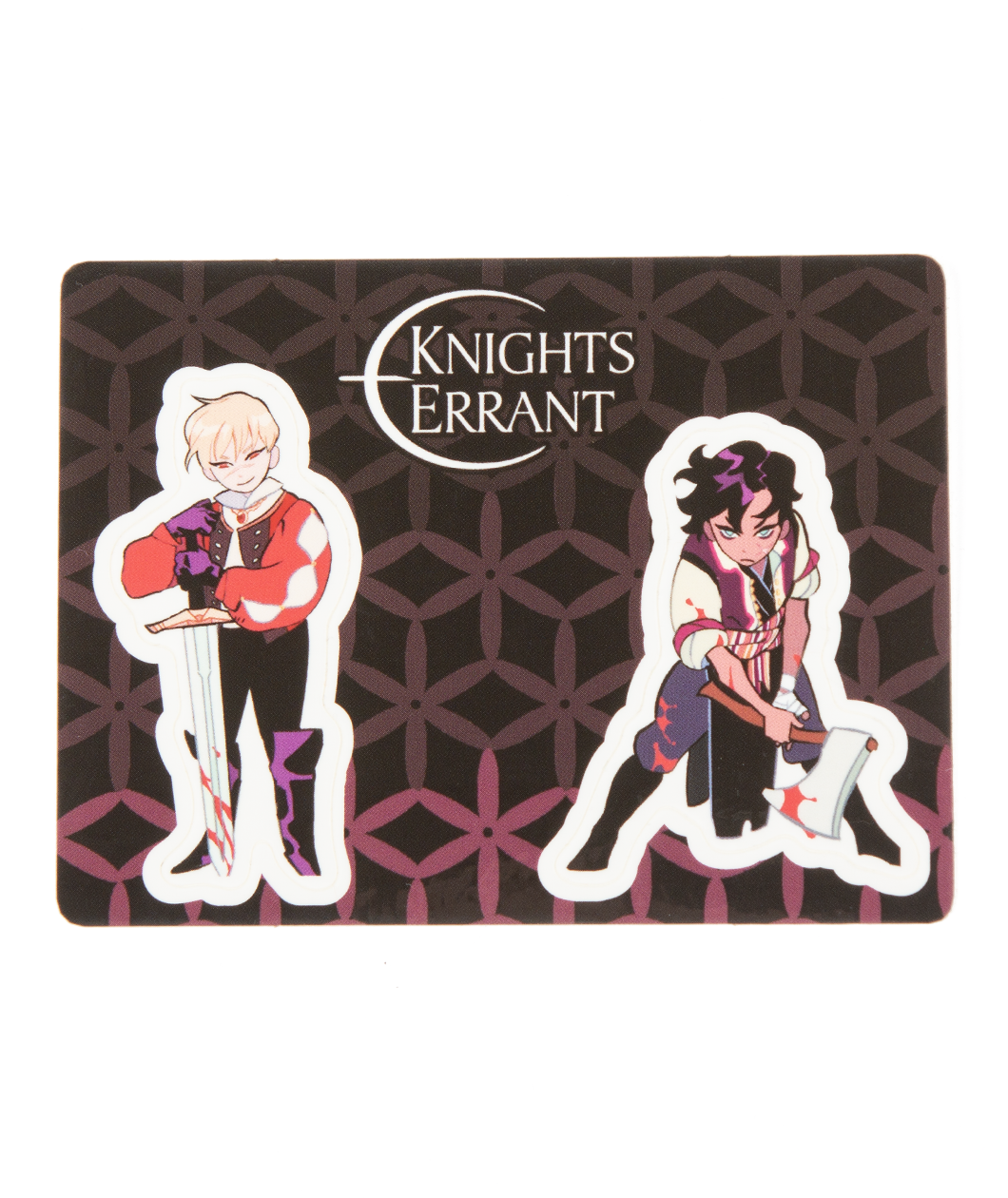 A standee of a person holding an axe with blood on it and another person holding a sword with the tip to the ground with blood on it on  backing with "Knights Errant". 