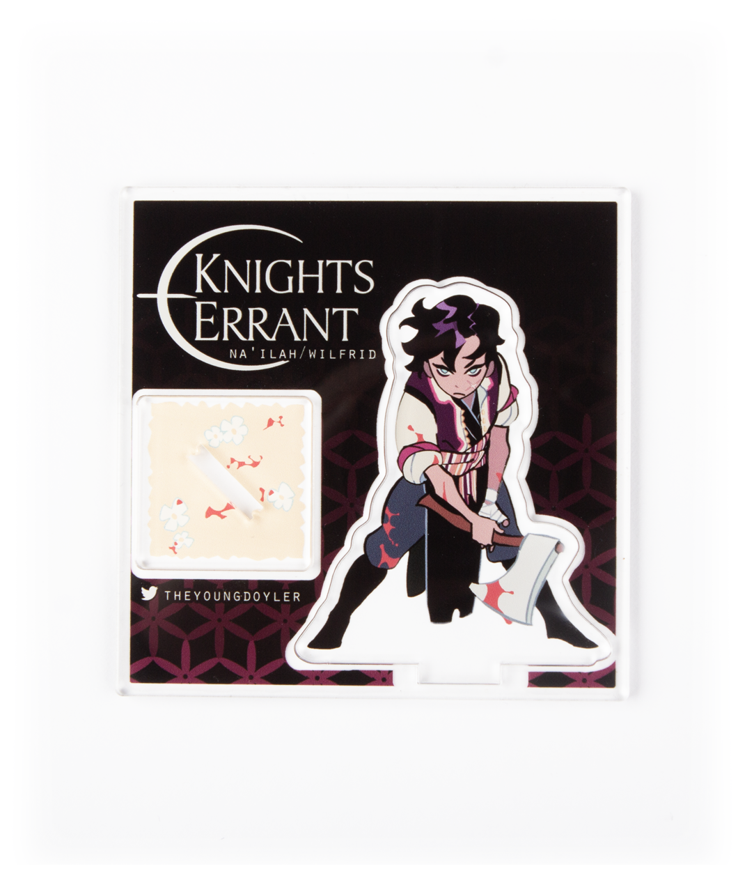 A standee of a person holding an axe with blood on it in a backing that says "Knights Errant" on it. 