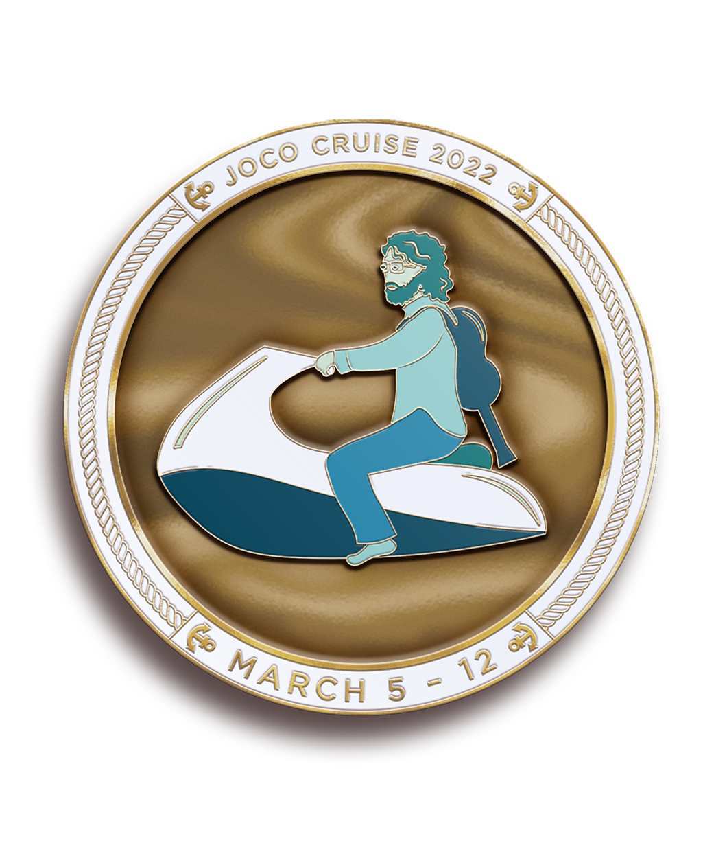 The "JoCo Cruise 2022; March 5-12" challenge coin. This side features a person on a jet ski with a guitar on their back. 