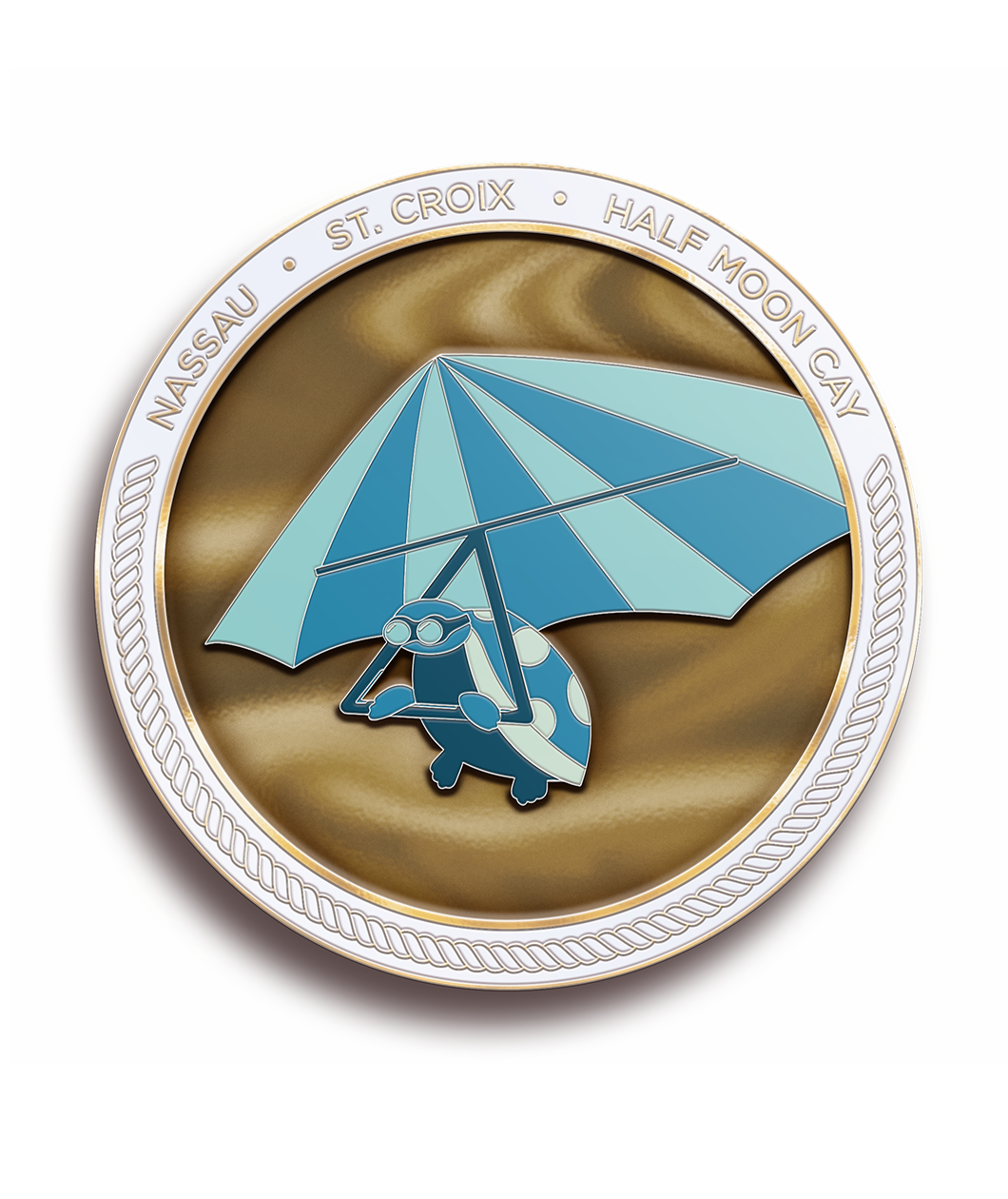 The "JoCo Cruise 2022; March 5-12" challenge coin. This side features a turtle on a glider.