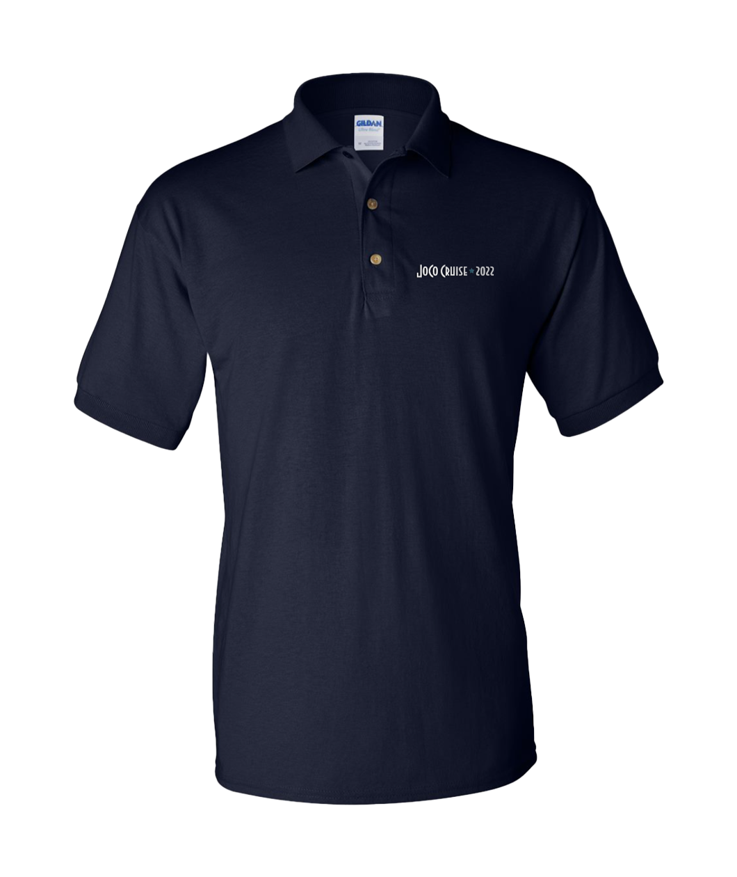 A dark blue polo shirt with “JoCo Cruise 2022” is in white sans serif font in the top right of the shirt - from JoCo Cruise