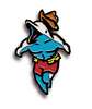 A pin of a buff dolphin wearing swim trunks and a cowboy hat. From Joco Cruise. 