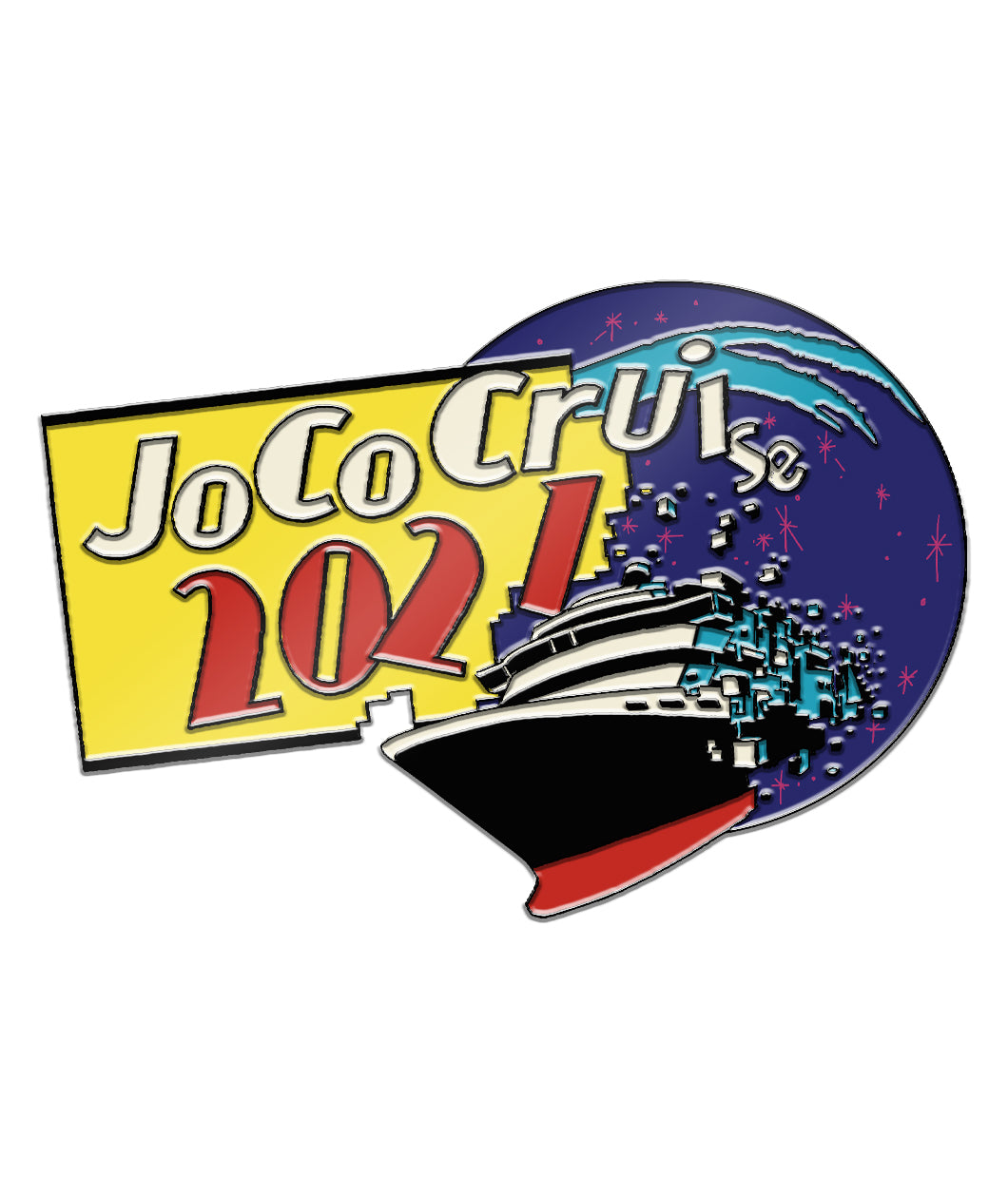 A pin showing a cruise ship that says "Joco Cruise 2021".