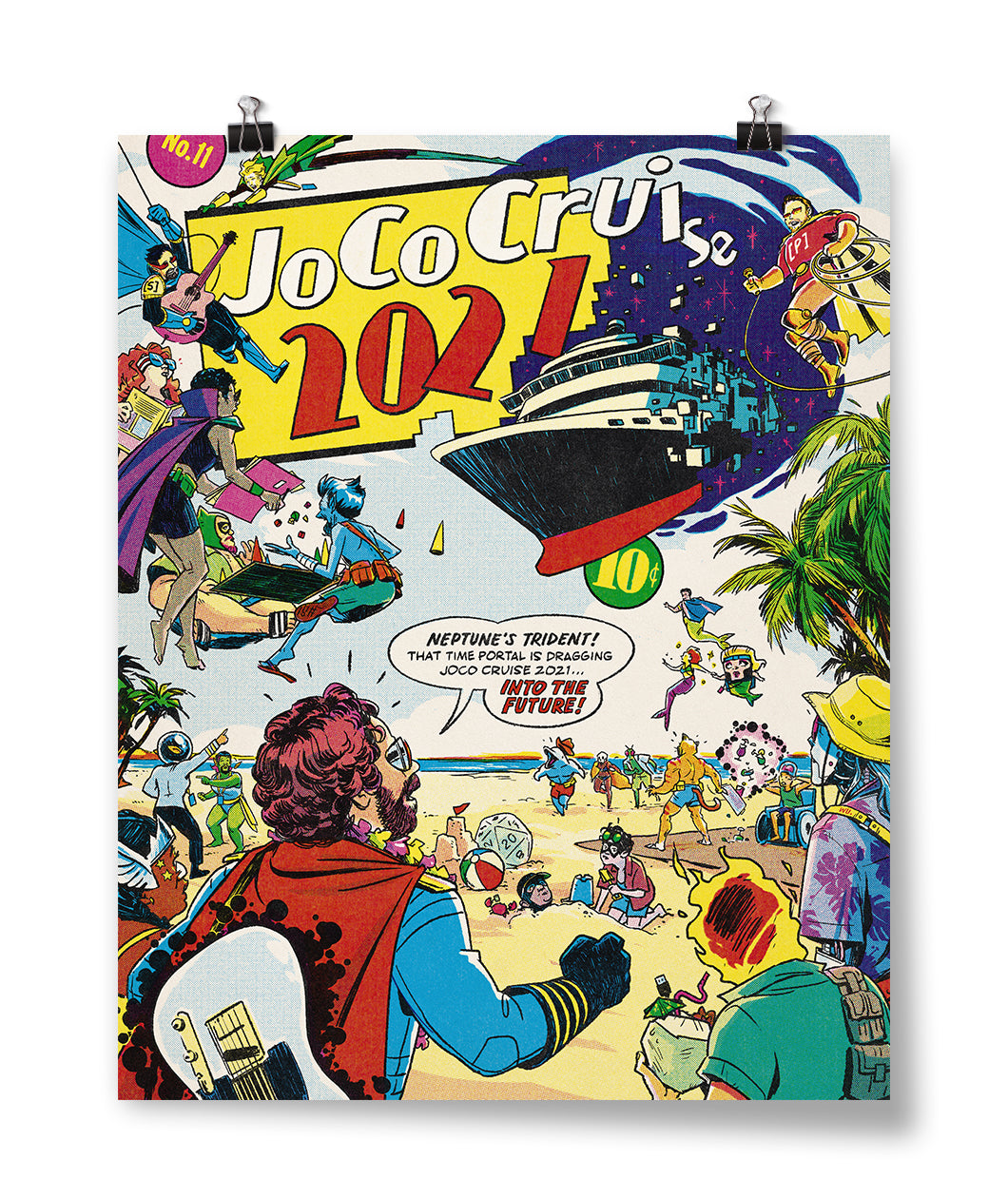 The "JoCo Cruise 2021" poster showing lots of people and creatures doing many activities on a beach. 