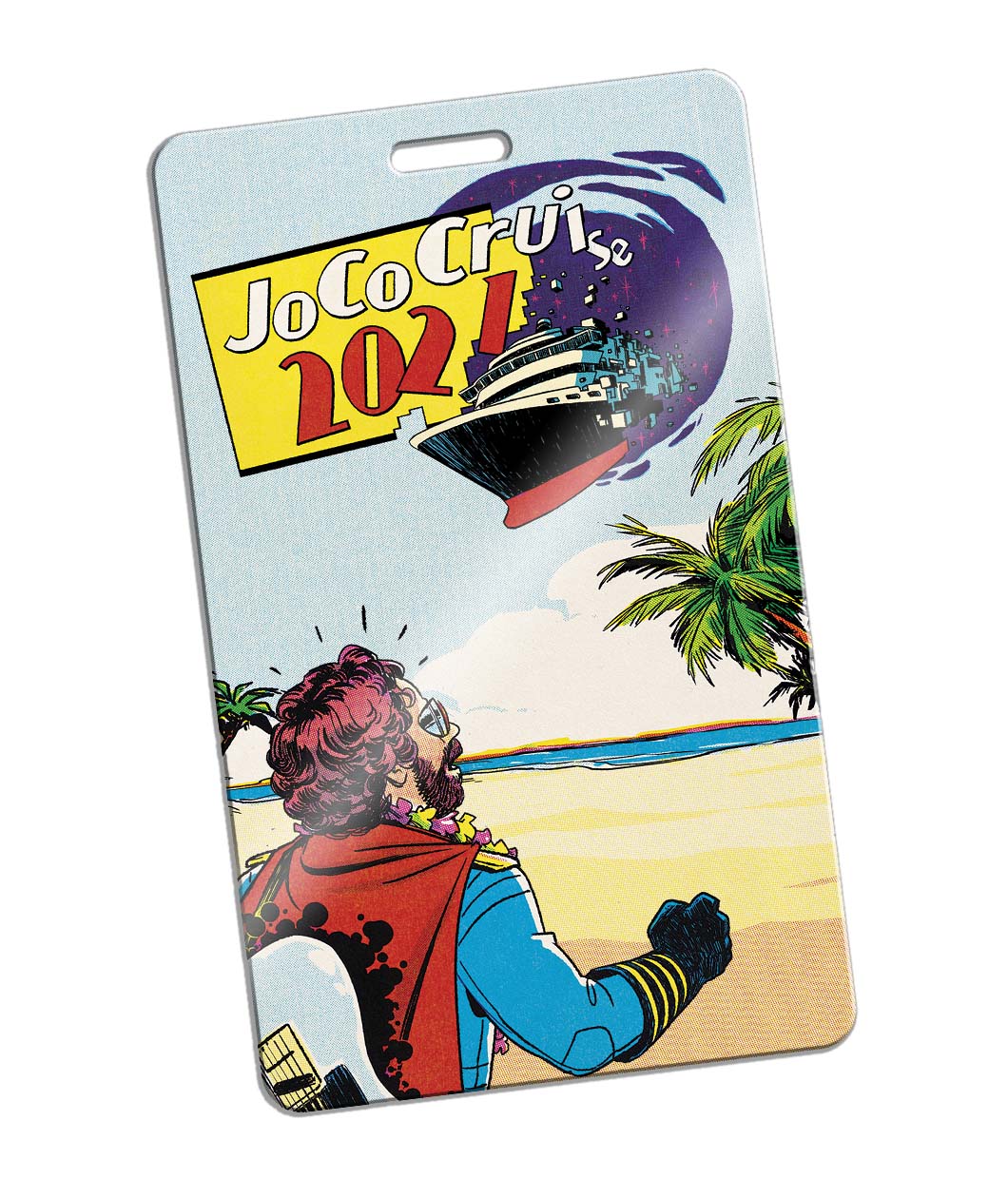 A laminate tag that shows a person an a beach with a ship in the sky that says 