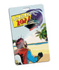 A laminate tag that shows a person an a beach with a ship in the sky that says "Joco Cruise 2021".