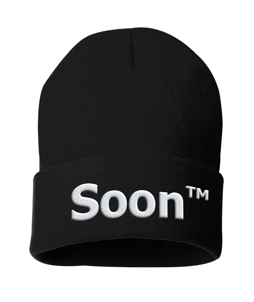 A black beanie with “Soon” in white sans serif font across the front. Following the word is “TM” at the top right of the word in white sans serif font - from JoCo Cruise
