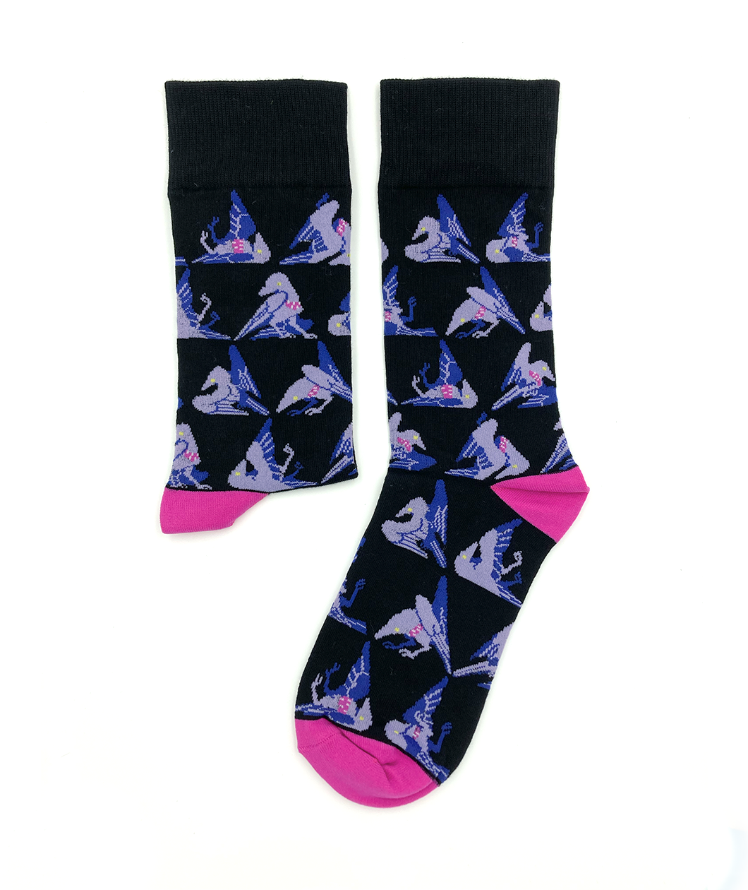 A pair of black socks with purple Maw birds on them, with a bright pink heel and toe. From Johnny Wander. 