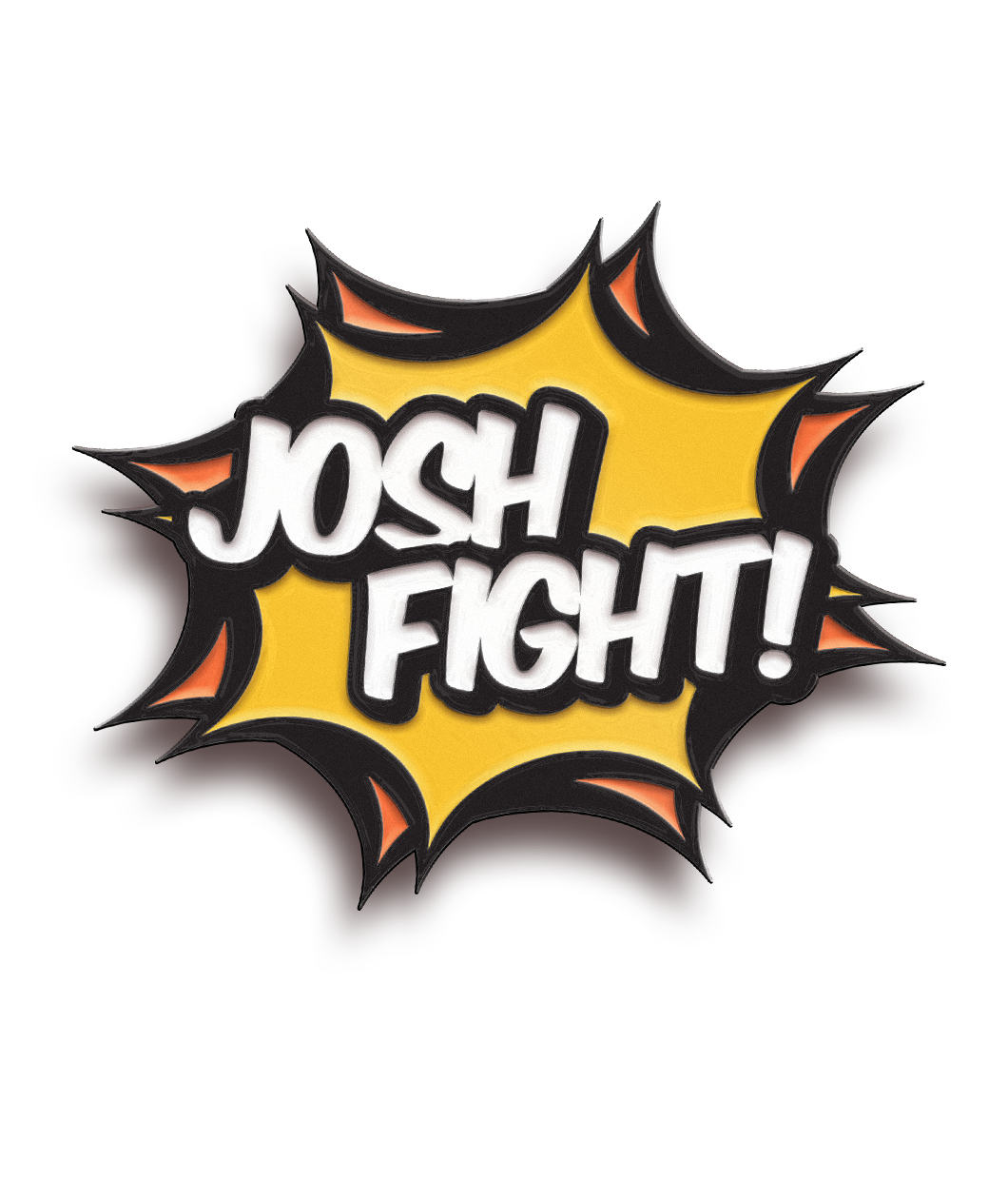 Comic bubble pow pin with the words "Josh Fight!" in white. Pin color is yellow overlaying orange.
