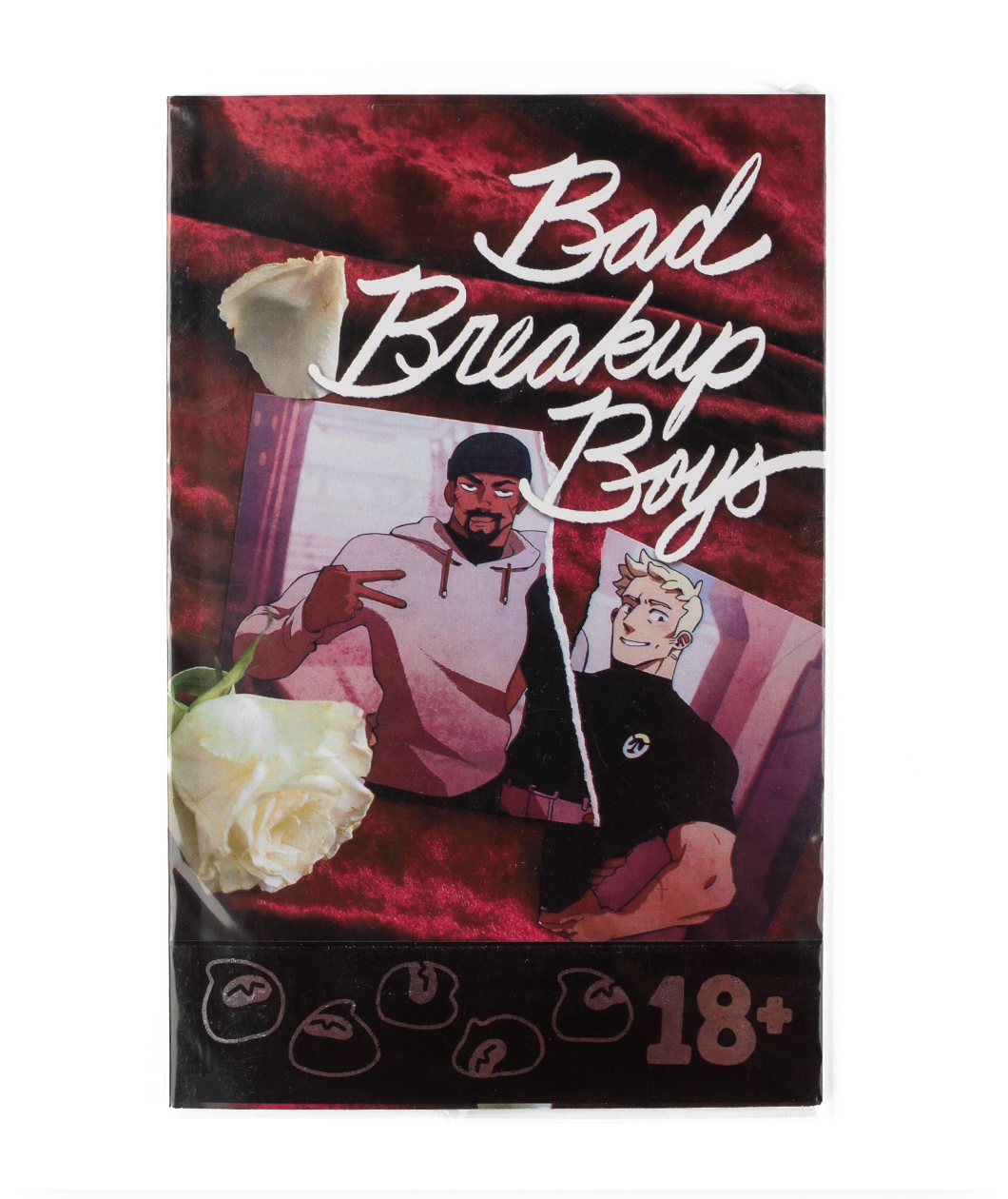 The cover of a Zine showing two pictures of men ripped up on a red velvet background with white roses. The text reads 