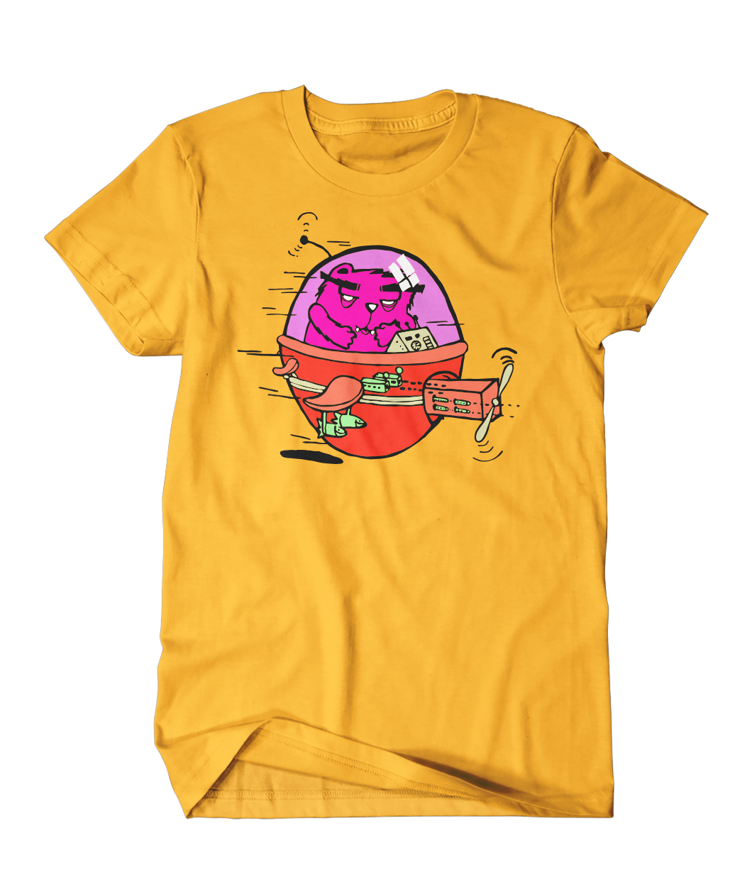 A yellow shirt with an illustration of a pink Kedicizdim cat piloting a whimsical pink and yellow cobbled together aircraft. The design is large and centered on the shirt.
