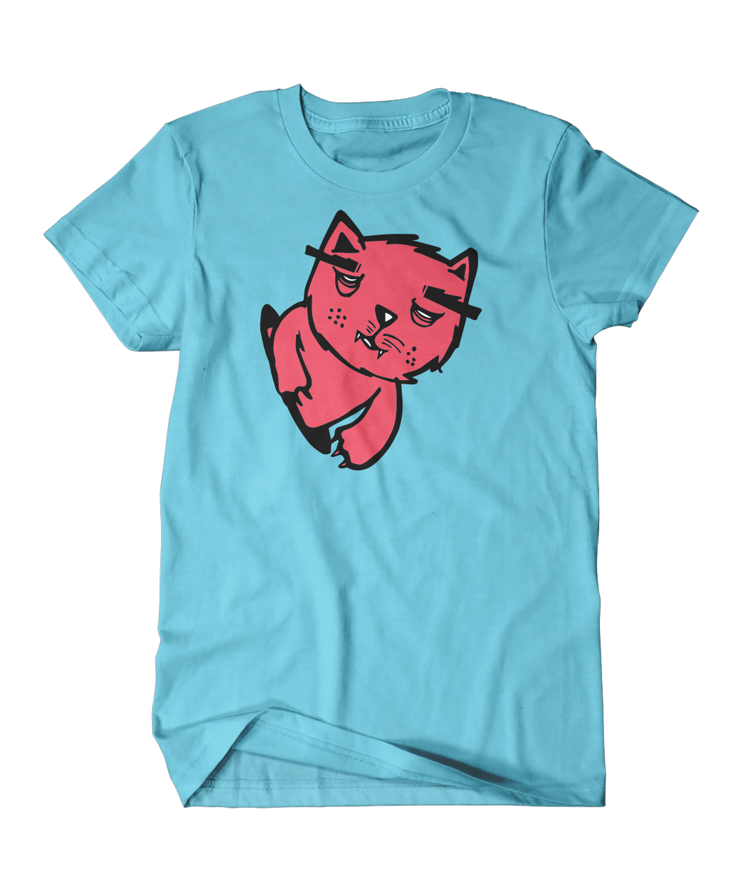 Blue shirt featuring a cartoon illustration of a red Kedicizdim cat. The cat's upper half emerges from a hole.