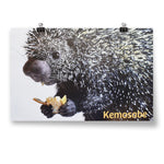 Poster hanging from two binder clips on wall. Poster image is of black and white porcupine holding a piece of fruit. Head, hands, and part of body are shown in front of white background. “Kemosabe” is written in light orange sans serif font in bottom right corner of poster - from Animal Wonders