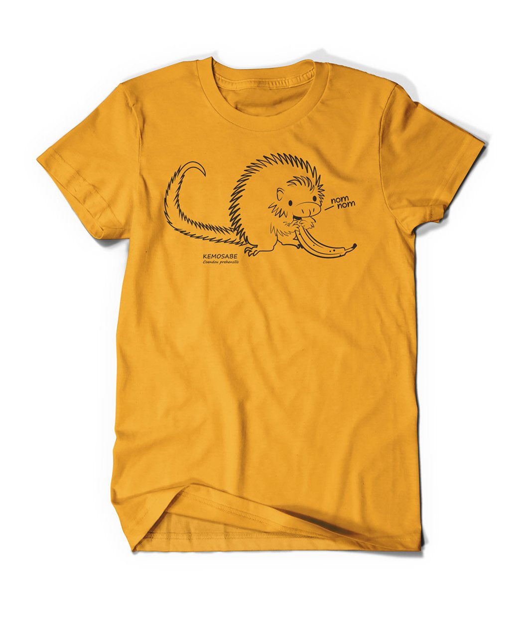 Yellow shirt with cartoon, black line drawing of porcupine eating a banana all with yellow fill. 