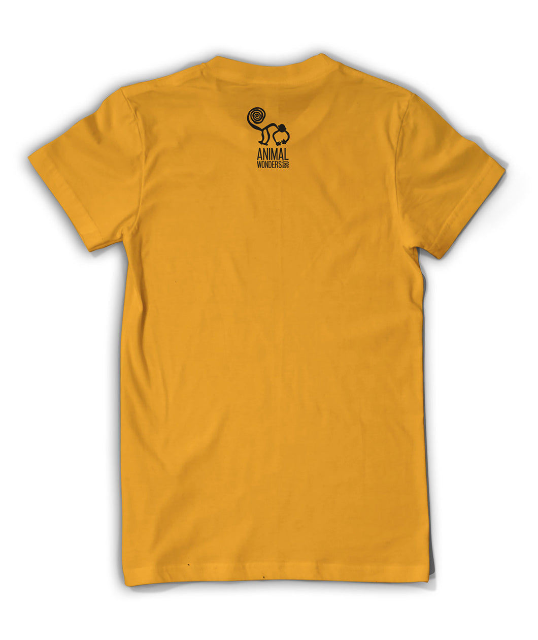 Back of yellow shirt with Animal Wonders logo below collar. Logo is of black cartoon silhouette drawing of monkey with spiral tail is above “Animal Wonders INC” with each word in black, all caps, sans serif font, and varying sizes. INC is on its side at end of the word Wonders, which are below Animal - from Animal Wonders