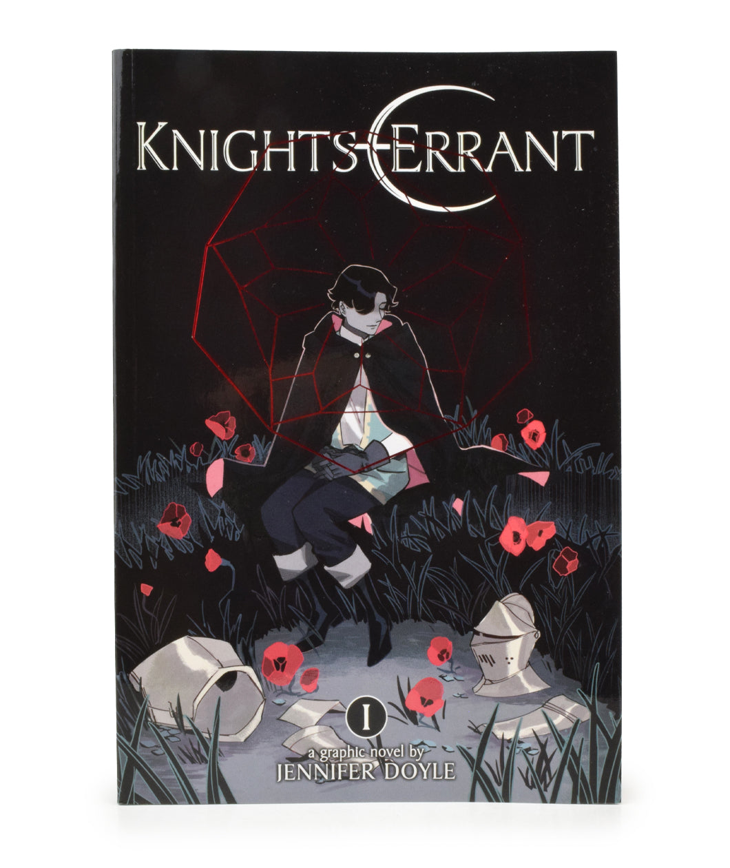 A book cover of a person witting among flowers and fallen armor at night. Above the person it reads "Knight Errant". A graphic novel by Jennifer Doyle. 