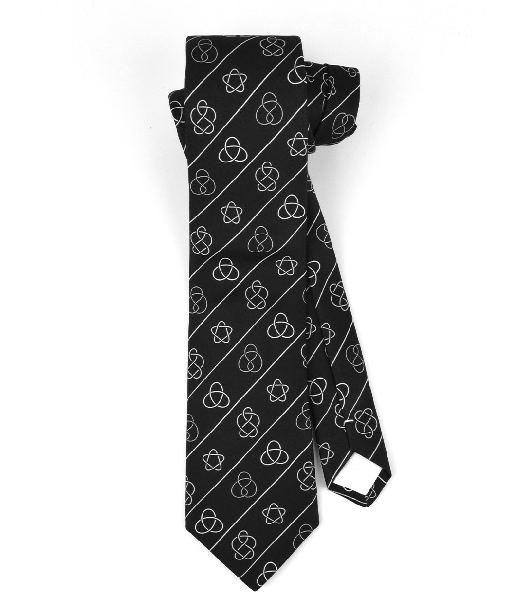Black tie with alternating white lines and different designs of mathematical knot diagrams by 3Blue1Brown.