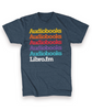 A blue heathered shirt with “Audiobooks” in serif font and repeated five times in varying colors. That is followed by “Libro.fm” in white serif font - from Libro.fm