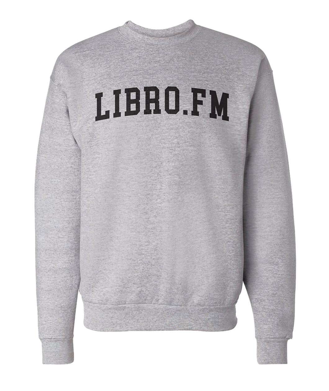 A light gray crewneck sweatshirt with "LIBRO.FM" in arched black serif font across the chest - from Libro.fm
