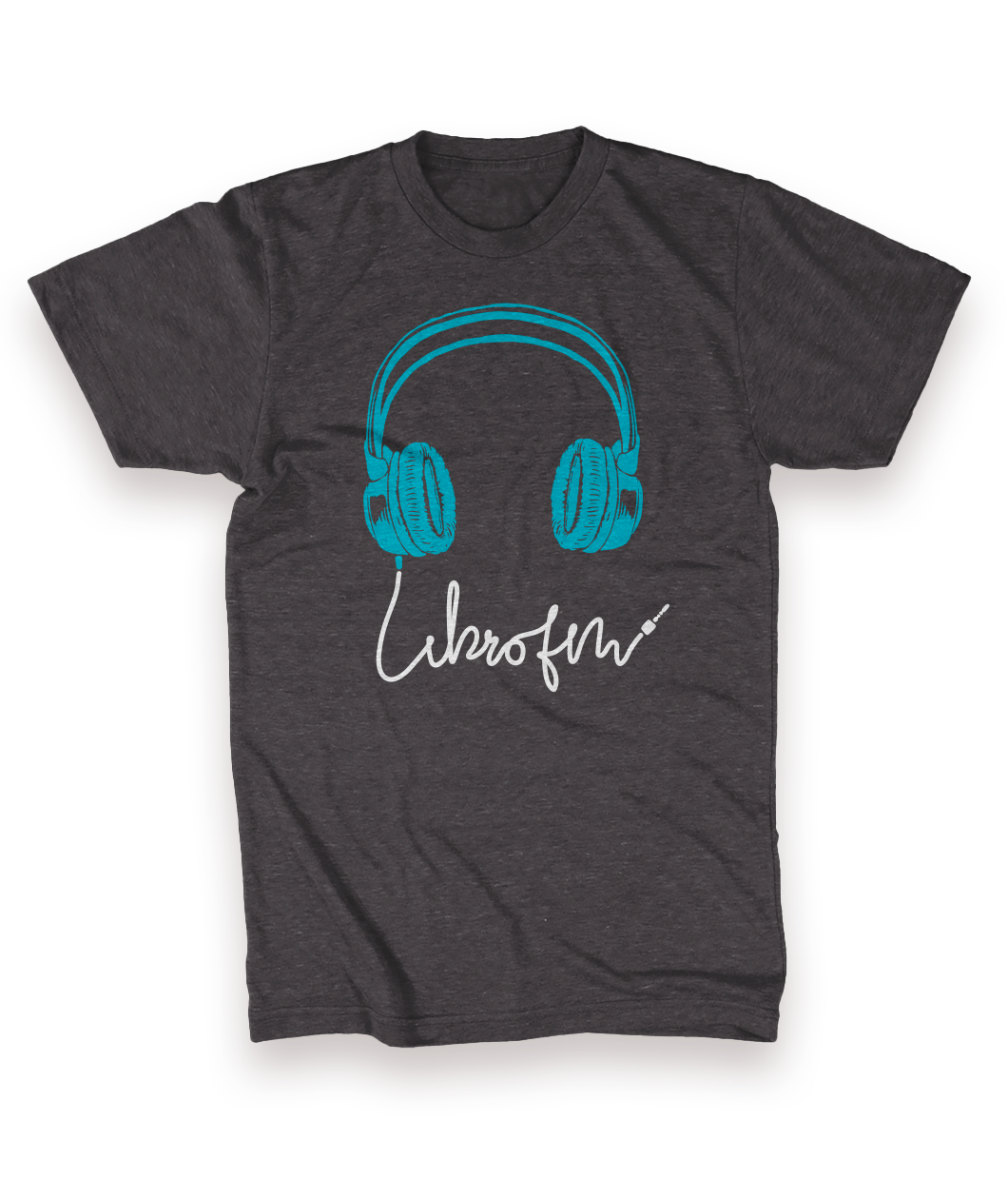 A gray shirt with drawn teal headphones. A white wire comes out of one of the ears of the headphones and forms “Libro.fm” - from Libro.fm