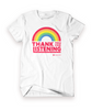A white shirt with a rainbow on the front. Below the rainbow is “Thank you for listening” in red sans serif font in varying sizes. At the bottom right is an open red book followed by “Libro.fm” in red serif font - from Libro.fm