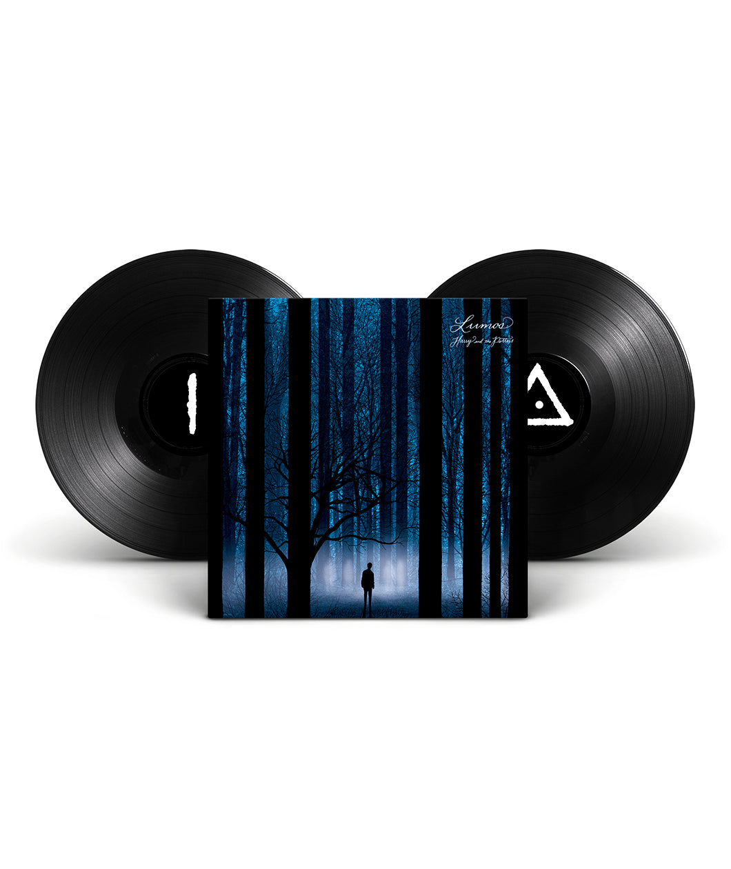 Two black vinyl records flank the record's cardboard sleeve. The sleeve depicts an ominous forest scene with blue light and black trees, and a lone figure stands amongst them. The text "Lumos" "Harry and the Potters" is in the top right corner of the sleeve in a white script.
