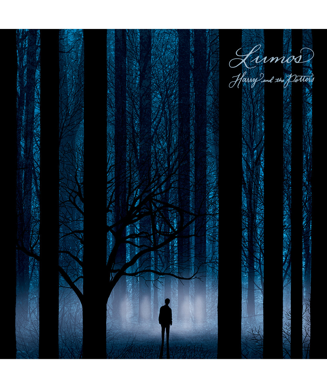 Square album art depicting an ominous forest scene with blue light and black trees, a lone figure standing among them. The text "Lumos" "Harry and the Potters" is in the top right corner in a white script.
