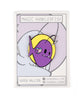 A purple, magic Hanklerfish pin on a grey backing card. The pin is a yellow circle with a purple hanklerfish inside with small hearts on its side. From Karen Hallion.