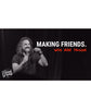 A black and white picture of a person holding a microphone with the words "Making Friends.; With Mike Falzone".  