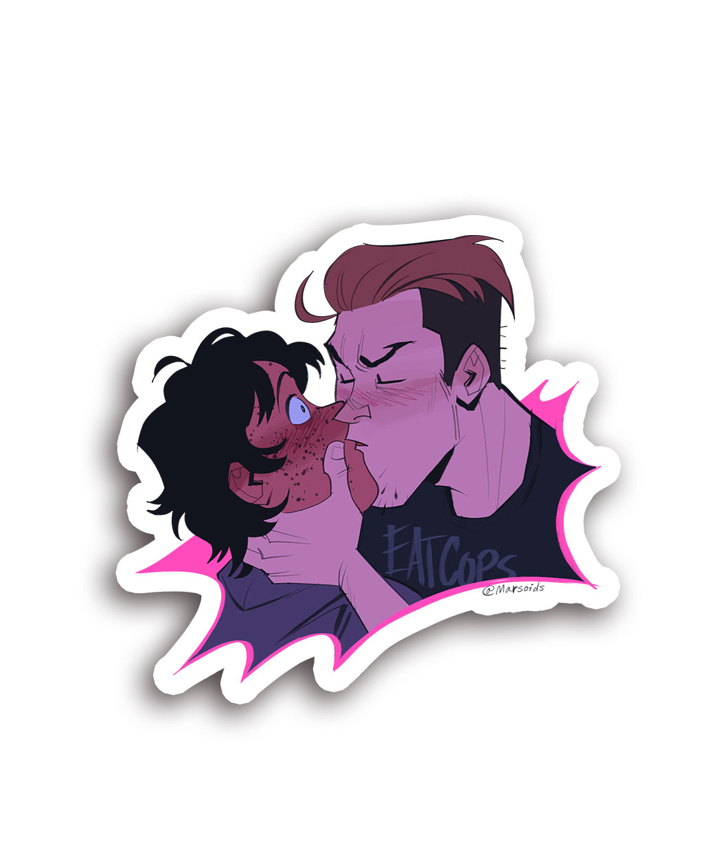 A sticker of two people kissing and one looking surprised. 