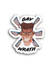 A sticker of a person with their teeth barred, their tongue hanging out and knives coming from behind their head that says "Gay Wrath".