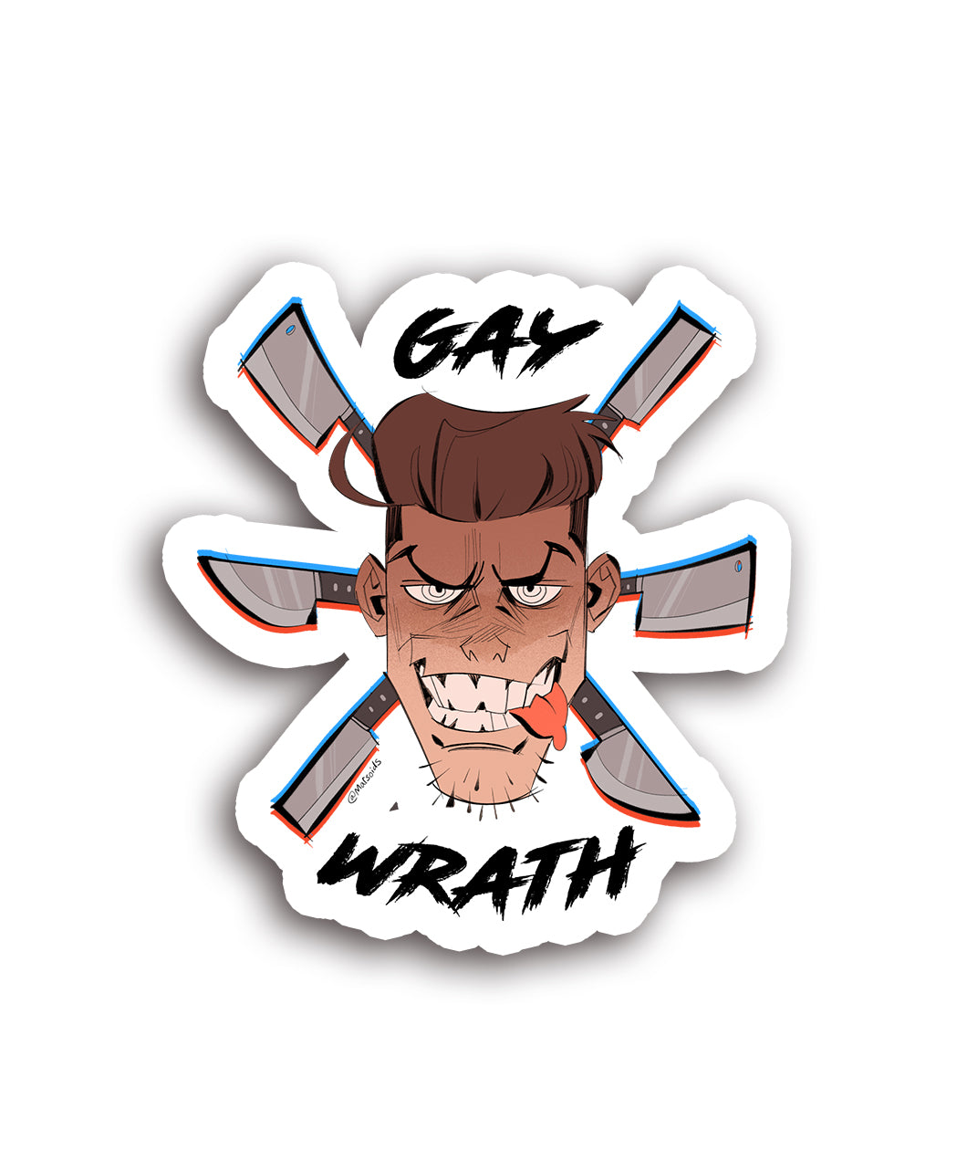 A sticker of a person with their teeth barred, their tongue hanging out and knives coming from behind their head that says 