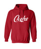 A red hooded sweatshirt with the word, “Choke” in white italicized cursive font with the “C” underlining the rest of the word - from Mars Heyward