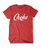 A red shirt with the word, “Choke” in white italicized cursive font with the “C” underlining the rest of the word - from Mars Heyward